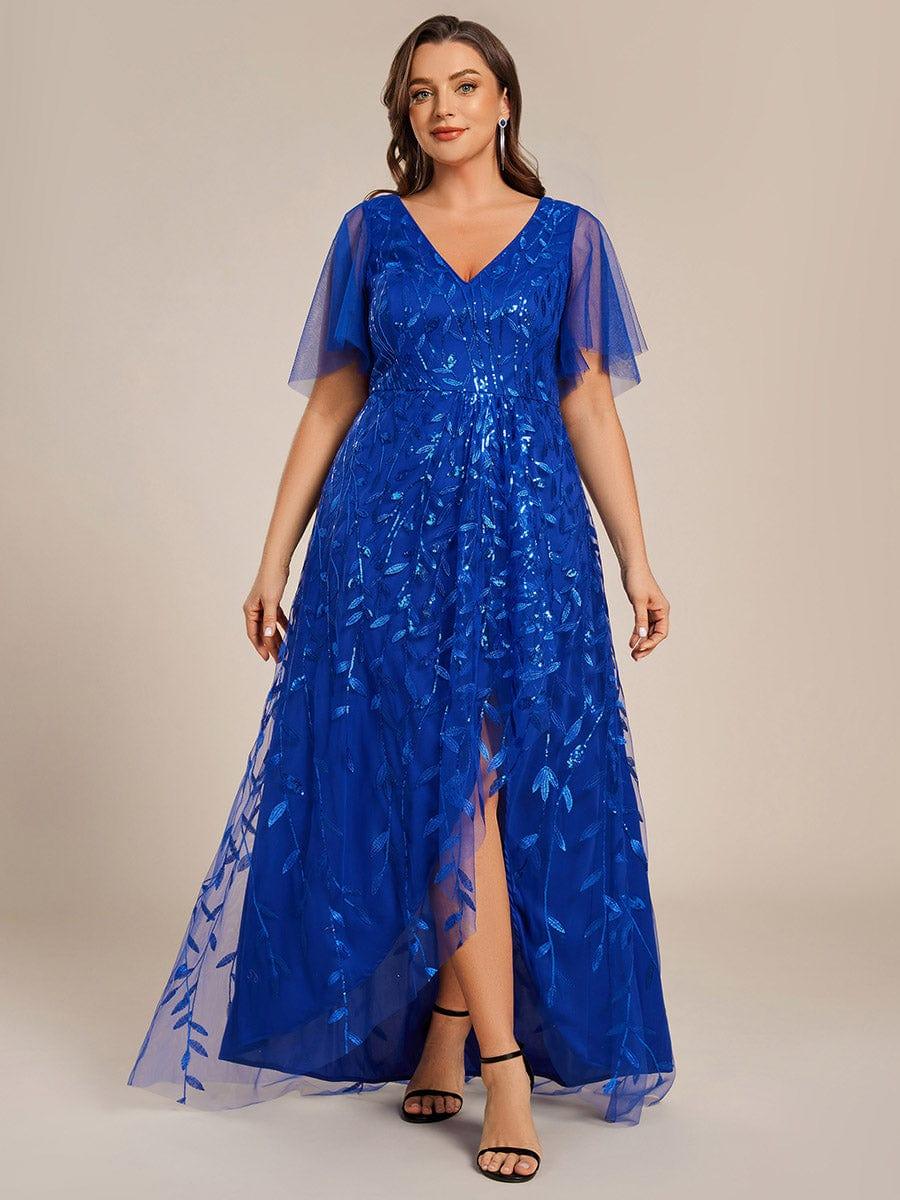 EE02083SB-PR Short Sleeves Sequin High Low V-Neck Midi Formal Evening Dress - Image 102