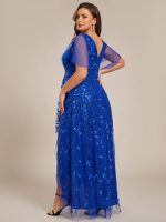 Short Sleeves Sequin High Low V-Neck Midi Formal Evening Dress - Image 99