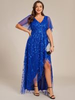 Short Sleeves Sequin High Low V-Neck Midi Formal Evening Dress - Image 98