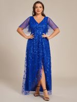 Short Sleeves Sequin High Low V-Neck Midi Formal Evening Dress - Image 101