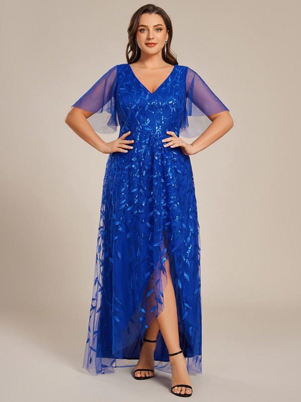 Short Sleeves Sequin High Low V-Neck Midi Formal Evening Dress - Image 101