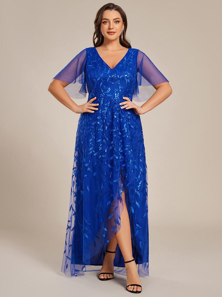 EE02083SB-PR4 Short Sleeves Sequin High Low V-Neck Midi Formal Evening Dress - Image 101