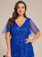 Short Sleeves Sequin High Low V-Neck Midi Formal Evening Dress - Image 100