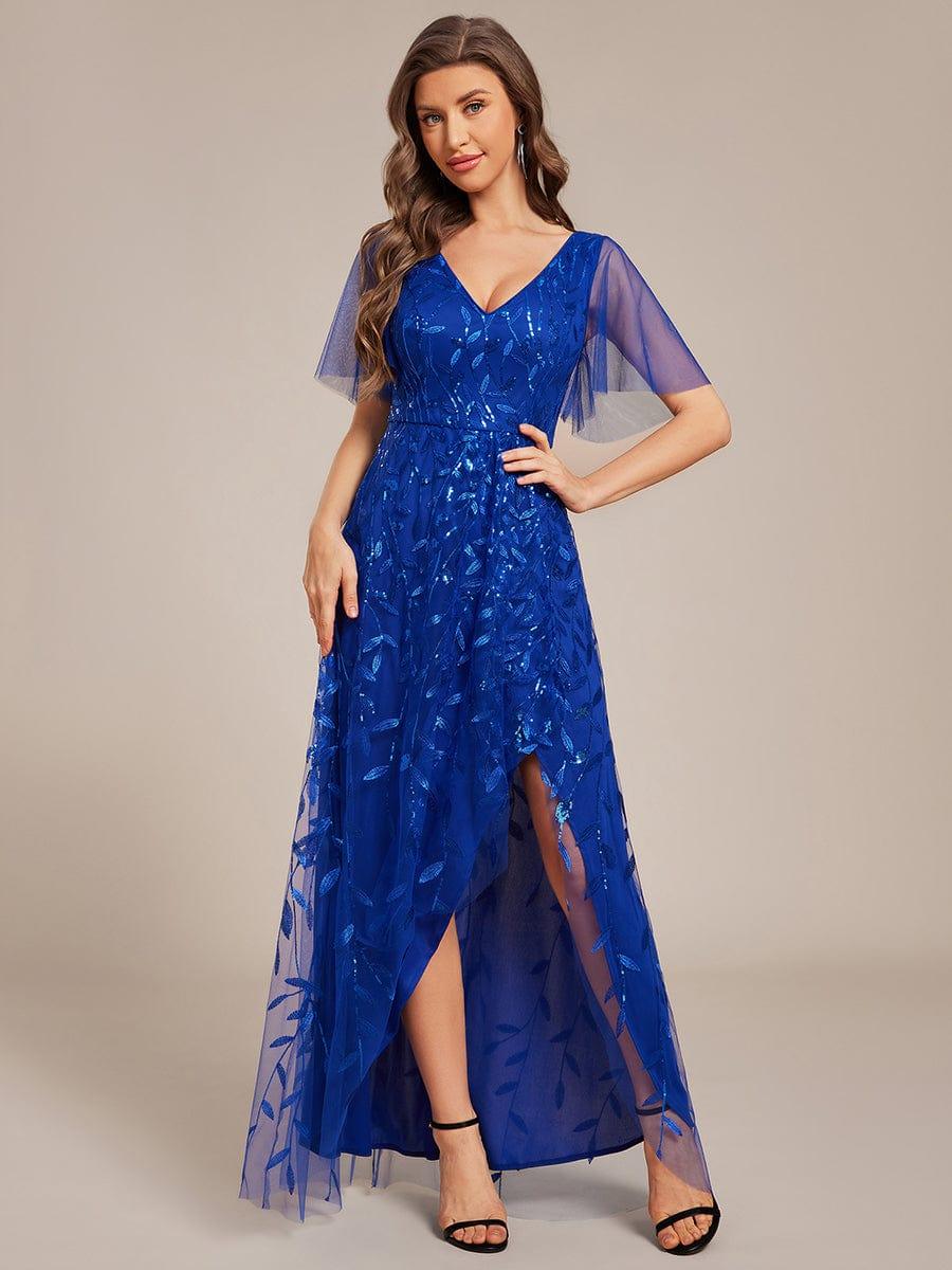 EE02083SB-R Short Sleeves Sequin High Low V-Neck Midi Formal Evening Dress - Image 97