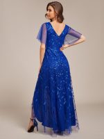 Short Sleeves Sequin High Low V-Neck Midi Formal Evening Dress - Image 94