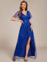 Short Sleeves Sequin High Low V-Neck Midi Formal Evening Dress - Image 96