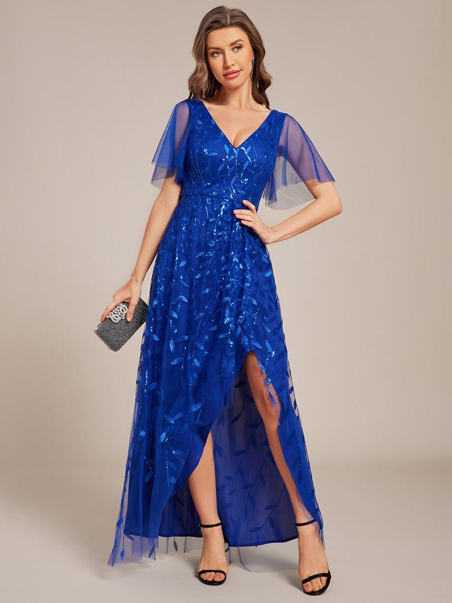 EE02083SB-R4 Short Sleeves Sequin High Low V-Neck Midi Formal Evening Dress - Image 93