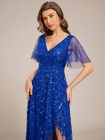 Short Sleeves Sequin High Low V-Neck Midi Formal Evening Dress - Image 95