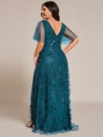 Short Sleeves Sequin High Low V-Neck Midi Formal Evening Dress - Image 109