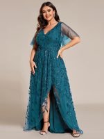 Short Sleeves Sequin High Low V-Neck Midi Formal Evening Dress - Image 110