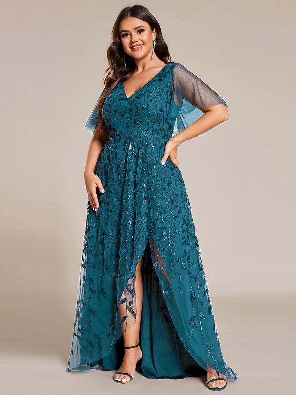 Short Sleeves Sequin High Low V-Neck Midi Formal Evening Dress - Image 110