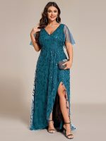 Short Sleeves Sequin High Low V-Neck Midi Formal Evening Dress - Image 111