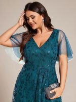 Short Sleeves Sequin High Low V-Neck Midi Formal Evening Dress - Image 112