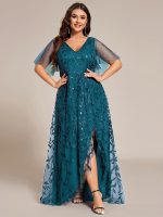 Short Sleeves Sequin High Low V-Neck Midi Formal Evening Dress - Image 108