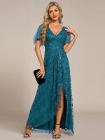 Short Sleeves Sequin High Low V-Neck Midi Formal Evening Dress - Image 106