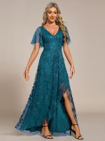 Short Sleeves Sequin High Low V-Neck Midi Formal Evening Dress - Image 103