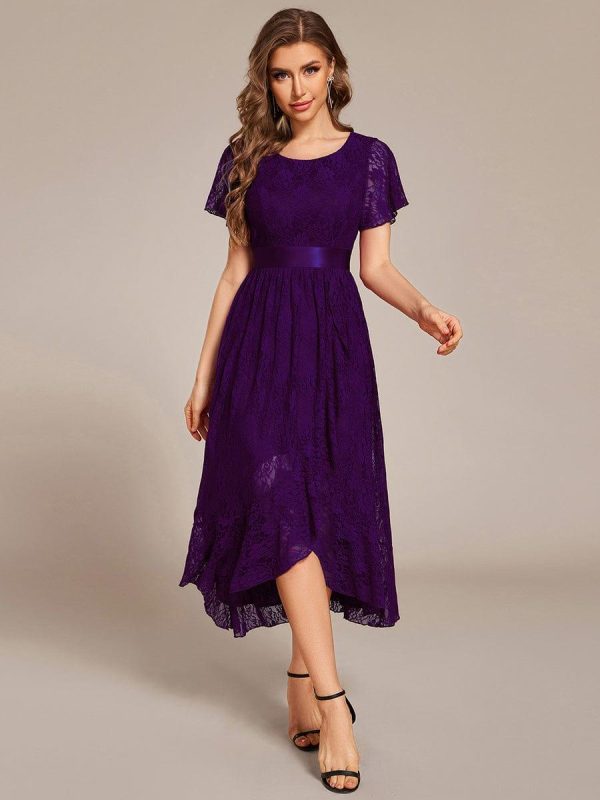 Ruffled Sleeve Empire Waist Lace Wedding Guest Dress - Image 8