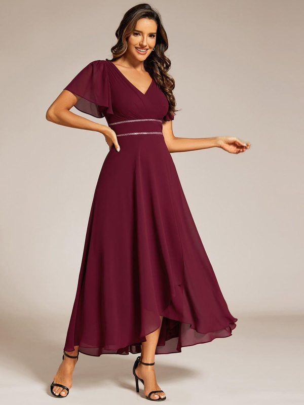 Double V-Neck Waist Trimmed Chiffon Formal Evening Dress - Image 6