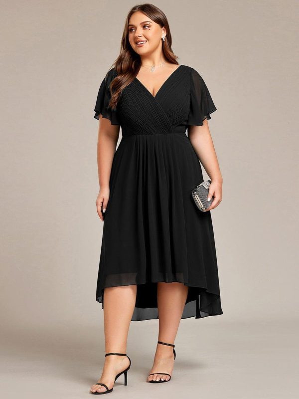 Plus Size Double V-Neck Ruffles Sleeve Chiffon Midi Wedding Guest Dress - Image 15