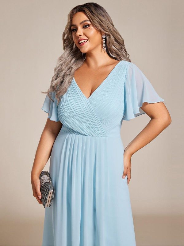 Plus Size Double V-Neck Ruffles Sleeve Chiffon Midi Wedding Guest Dress - Image 46