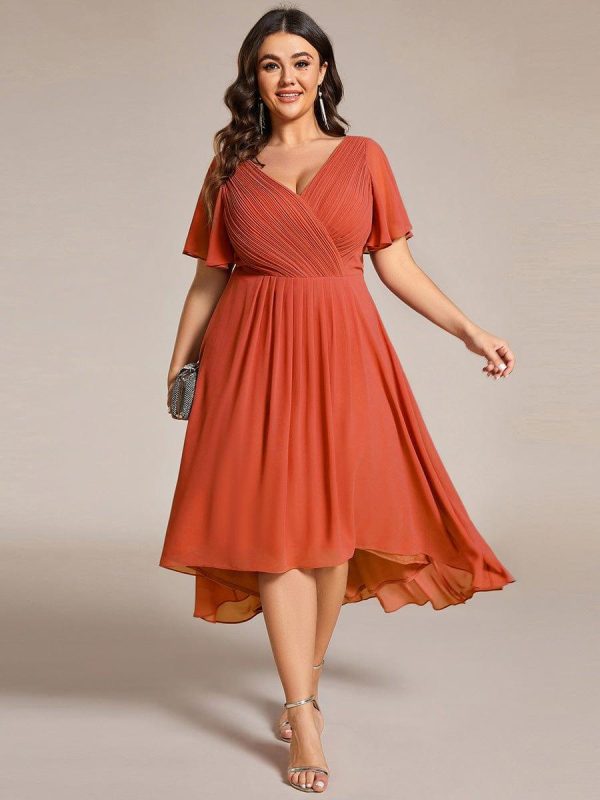 Plus Size Double V-Neck Ruffles Sleeve Chiffon Midi Wedding Guest Dress - Image 57