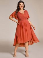 Plus Size Double V-Neck Ruffles Sleeve Chiffon Midi Wedding Guest Dress - Image 54