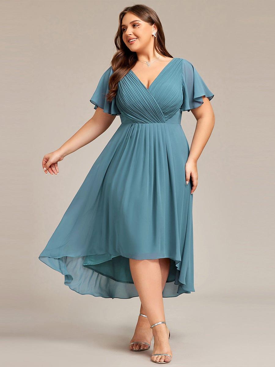 EG01923DB-PR Plus Size Double V-Neck Ruffles Sleeve Chiffon Midi Wedding Guest Dress - Image 63
