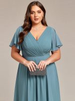 Plus Size Double V-Neck Ruffles Sleeve Chiffon Midi Wedding Guest Dress - Image 61