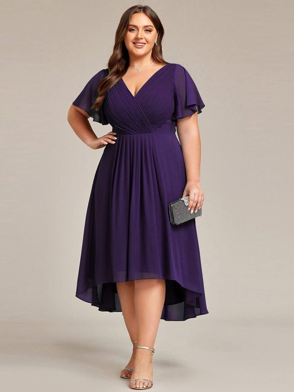 Plus Size Double V-Neck Ruffles Sleeve Chiffon Midi Wedding Guest Dress - Image 69