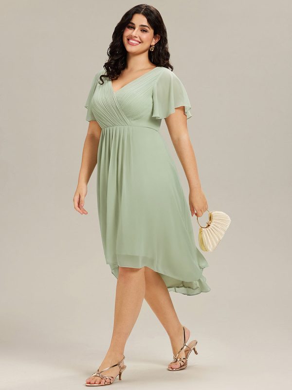 Plus Size Double V-Neck Ruffles Sleeve Chiffon Midi Wedding Guest Dress - Image 9