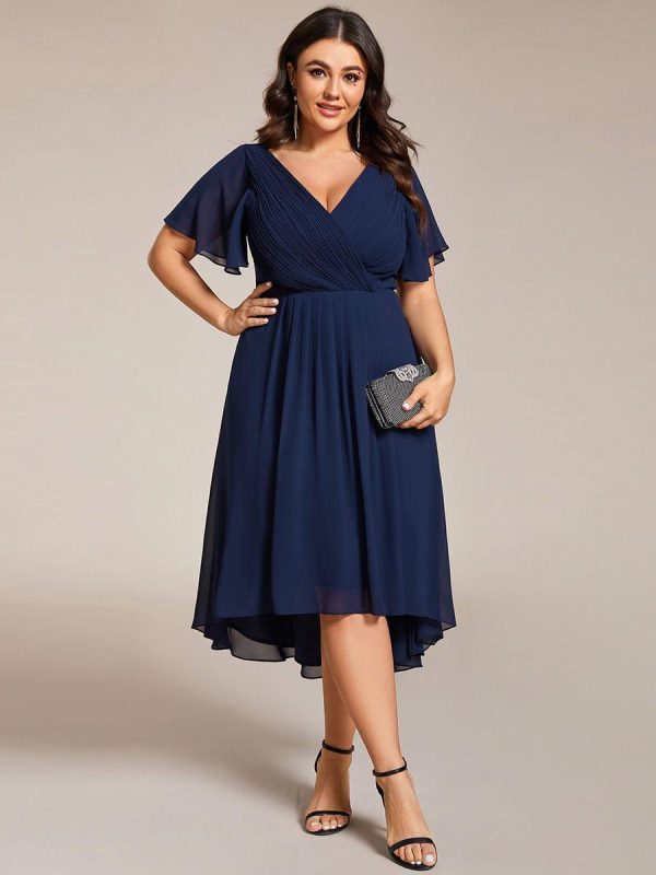 Plus Size Double V-Neck Ruffles Sleeve Chiffon Midi Wedding Guest Dress - Image 30