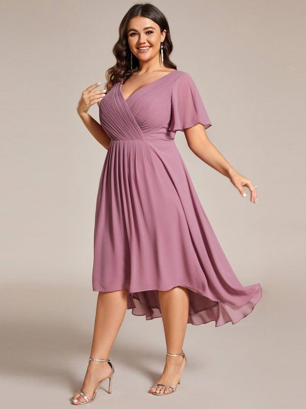 Plus Size Double V-Neck Ruffles Sleeve Chiffon Midi Wedding Guest Dress - Image 32