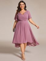 Plus Size Double V-Neck Ruffles Sleeve Chiffon Midi Wedding Guest Dress - Image 35