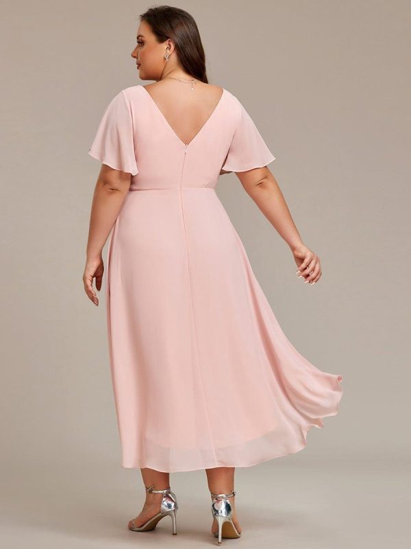 Plus Size Double V-Neck Ruffles Sleeve Chiffon Midi Wedding Guest Dress - Image 6