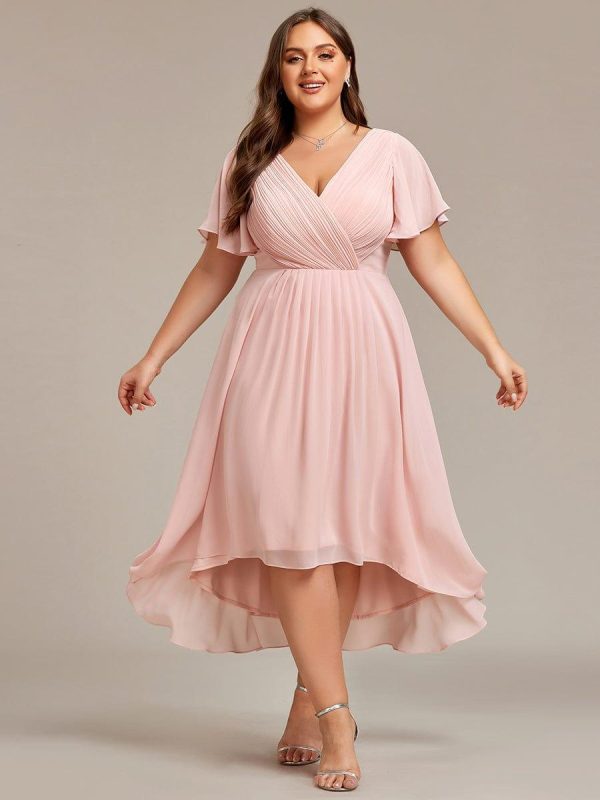 Plus Size Double V-Neck Ruffles Sleeve Chiffon Midi Wedding Guest Dress - Image 5