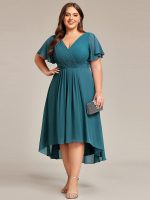Plus Size Double V-Neck Ruffles Sleeve Chiffon Midi Wedding Guest Dress - Image 68