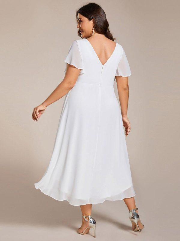 Plus Size Double V-Neck Ruffles Sleeve Chiffon Midi Wedding Guest Dress - Image 37
