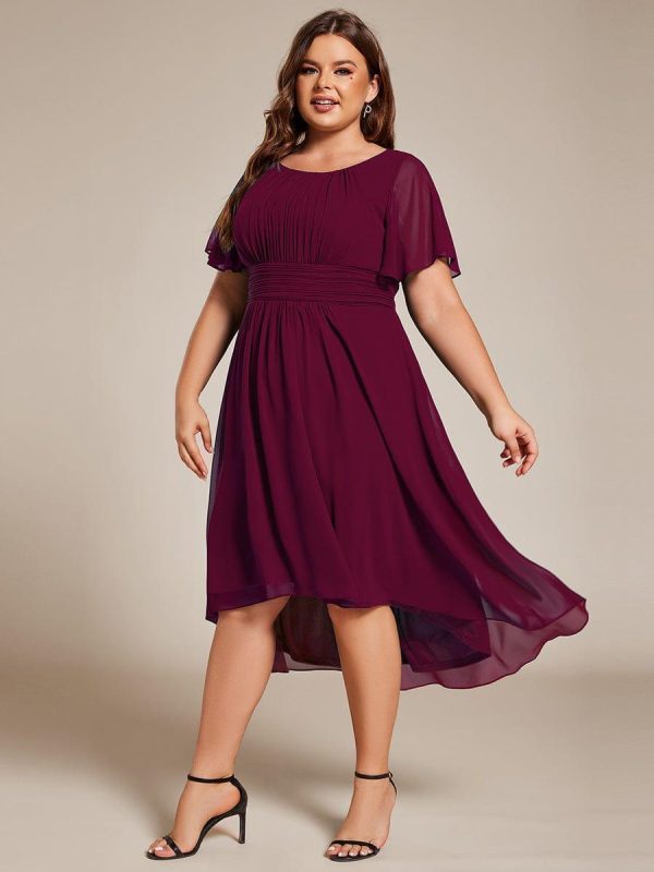 Plus Size Pleated Round Neckline A-Line Midi Chiffon Wedding Guest Dress - Image 16