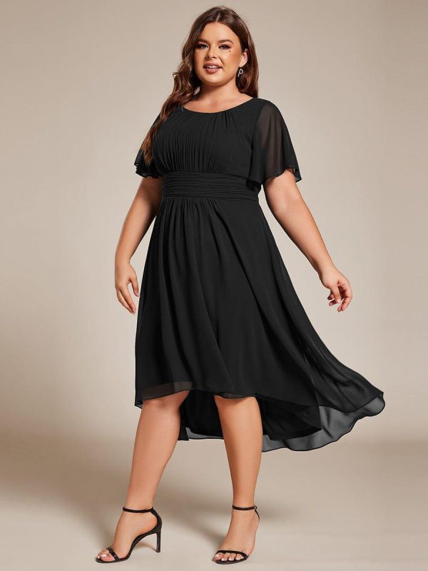 Plus Size Pleated Round Neckline A-Line Midi Chiffon Wedding Guest Dress - Image 32