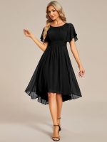 Flowy Chiffon Round Neckline A-Line Knee Length Wedding Guest Dress - Image 11