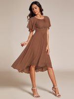 Flowy Chiffon Round Neckline A-Line Knee Length Wedding Guest Dress - Image 95