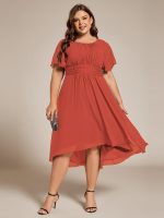 Plus Size Pleated Round Neckline A-Line Midi Chiffon Wedding Guest Dress - Image 50