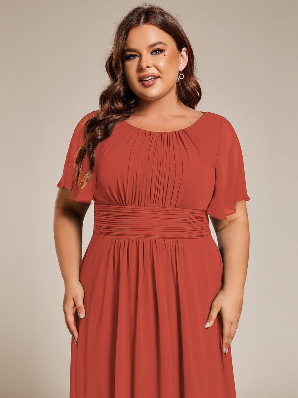 Plus Size Pleated Round Neckline A-Line Midi Chiffon Wedding Guest Dress - Image 48