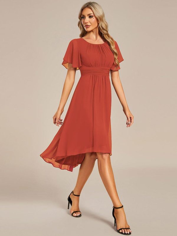 Flowy Chiffon Round Neckline A-Line Knee Length Wedding Guest Dress - Image 80
