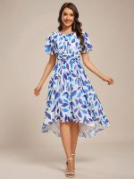 Flowy Chiffon Round Neckline A-Line Knee Length Wedding Guest Dress - Image 127
