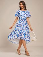Flowy Chiffon Round Neckline A-Line Knee Length Wedding Guest Dress - Image 124