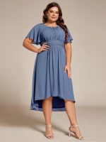 Plus Size Pleated Round Neckline A-Line Midi Chiffon Wedding Guest Dress - Image 40