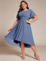 Plus Size Pleated Round Neckline A-Line Midi Chiffon Wedding Guest Dress