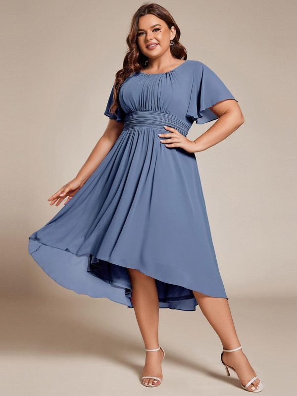 Plus Size Pleated Round Neckline A-Line Midi Chiffon Wedding Guest Dress - Image 1