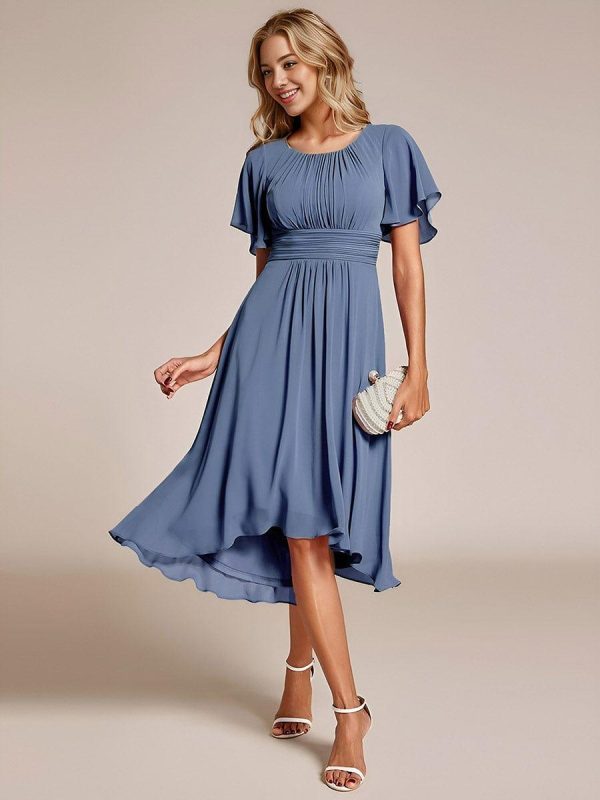 Flowy Chiffon Round Neckline A-Line Knee Length Wedding Guest Dress - Image 65